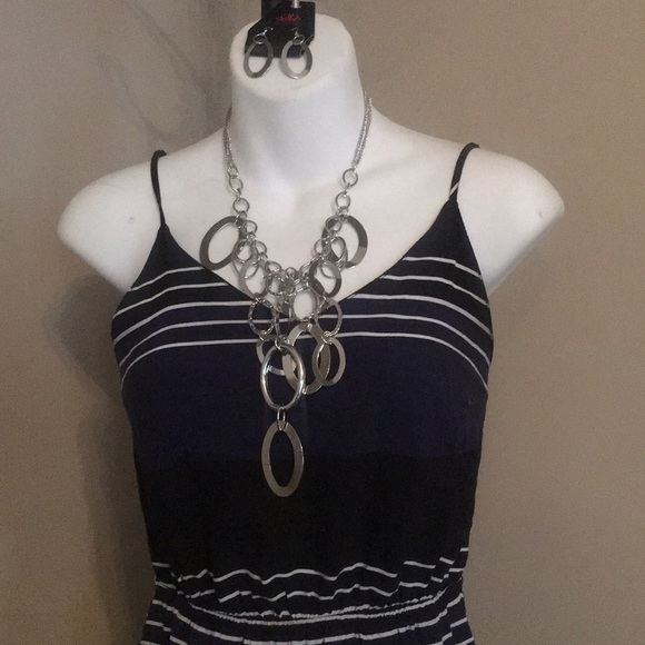 Navy Black and White strip Maxi Dress Sz XS - Picture 4 of 9